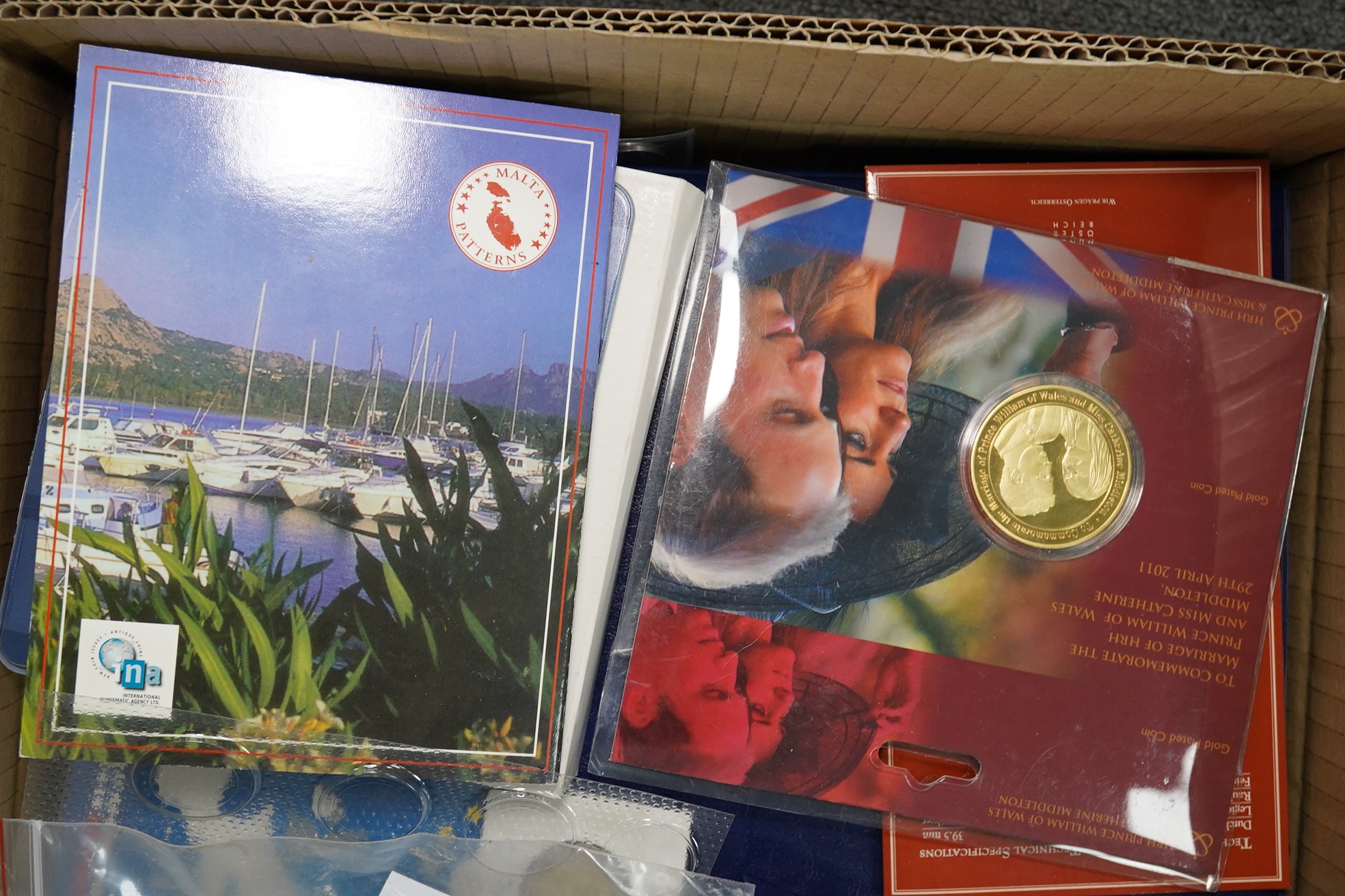 European coins, 20th and 21st century, proof coins and BUNC coins and sets, in two albums, various cases and carded packaging, large quantity in 2 boxes